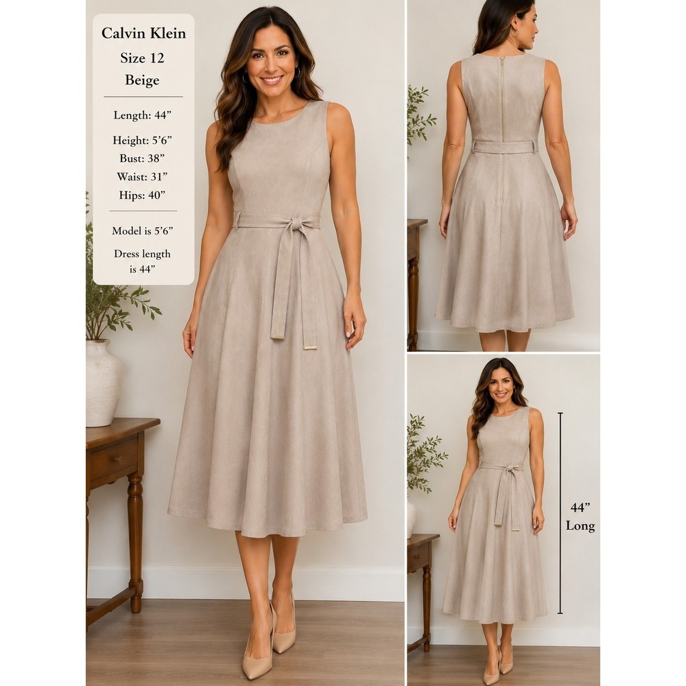 Calvin Klein Womens Size 12 Beige Faux Suede Fit & Flare Belted Midi Dress 44" L
